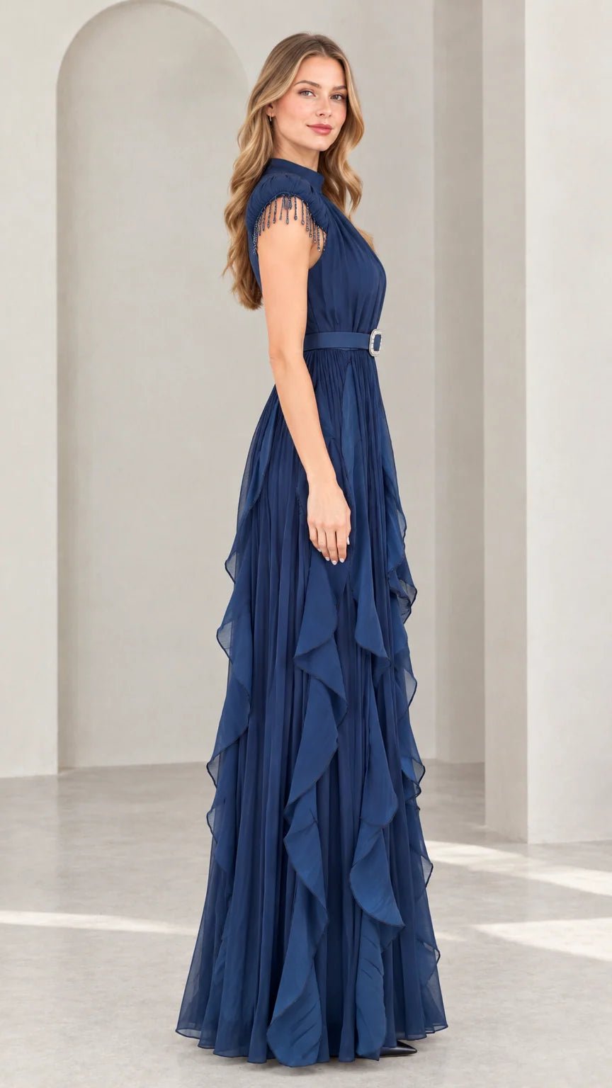 Navy Blue high neck pleated formal gown with cascading ruffles - side angle view