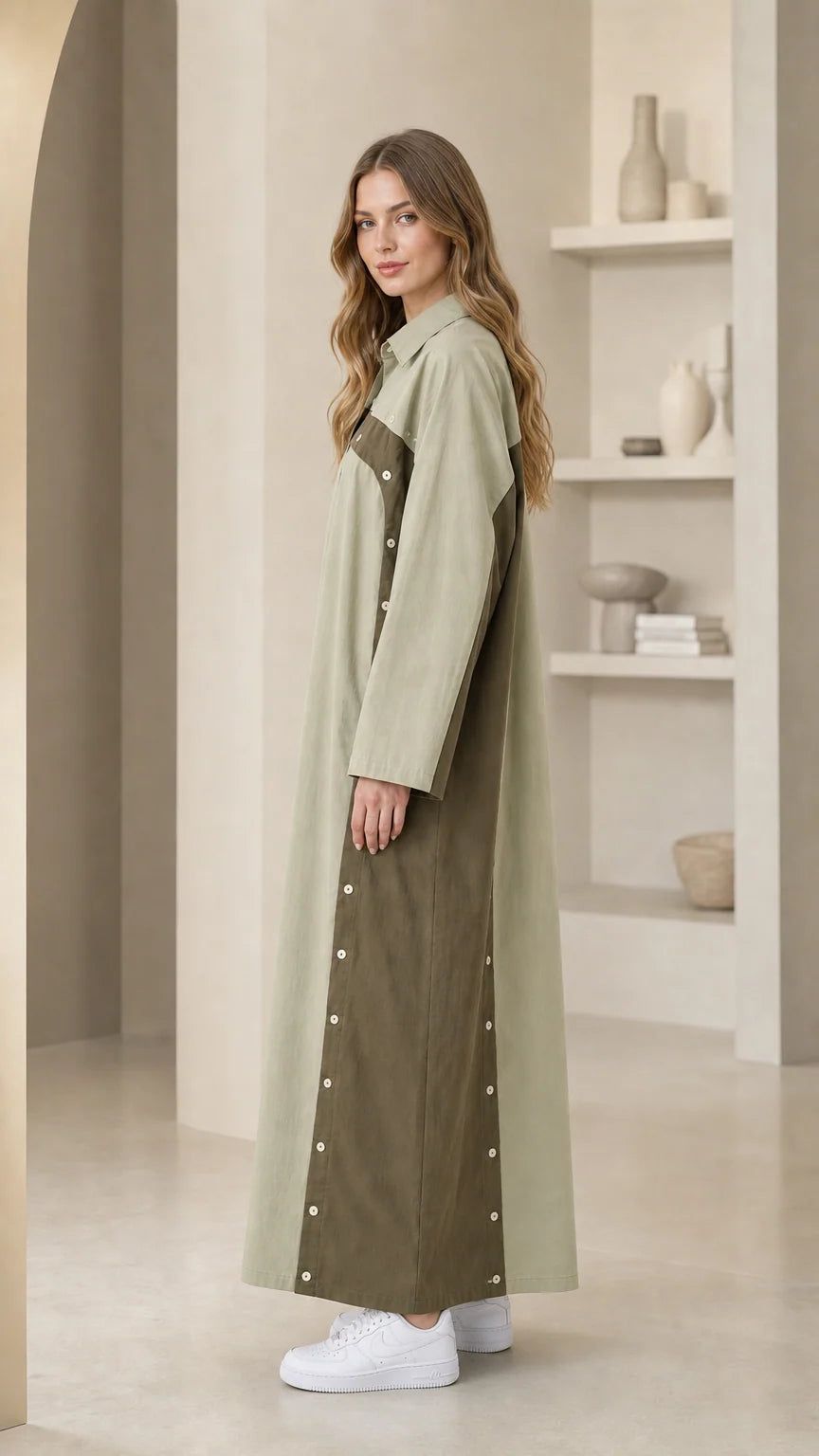 Side view of Sage Green modest long sleeve maxi shirt dress