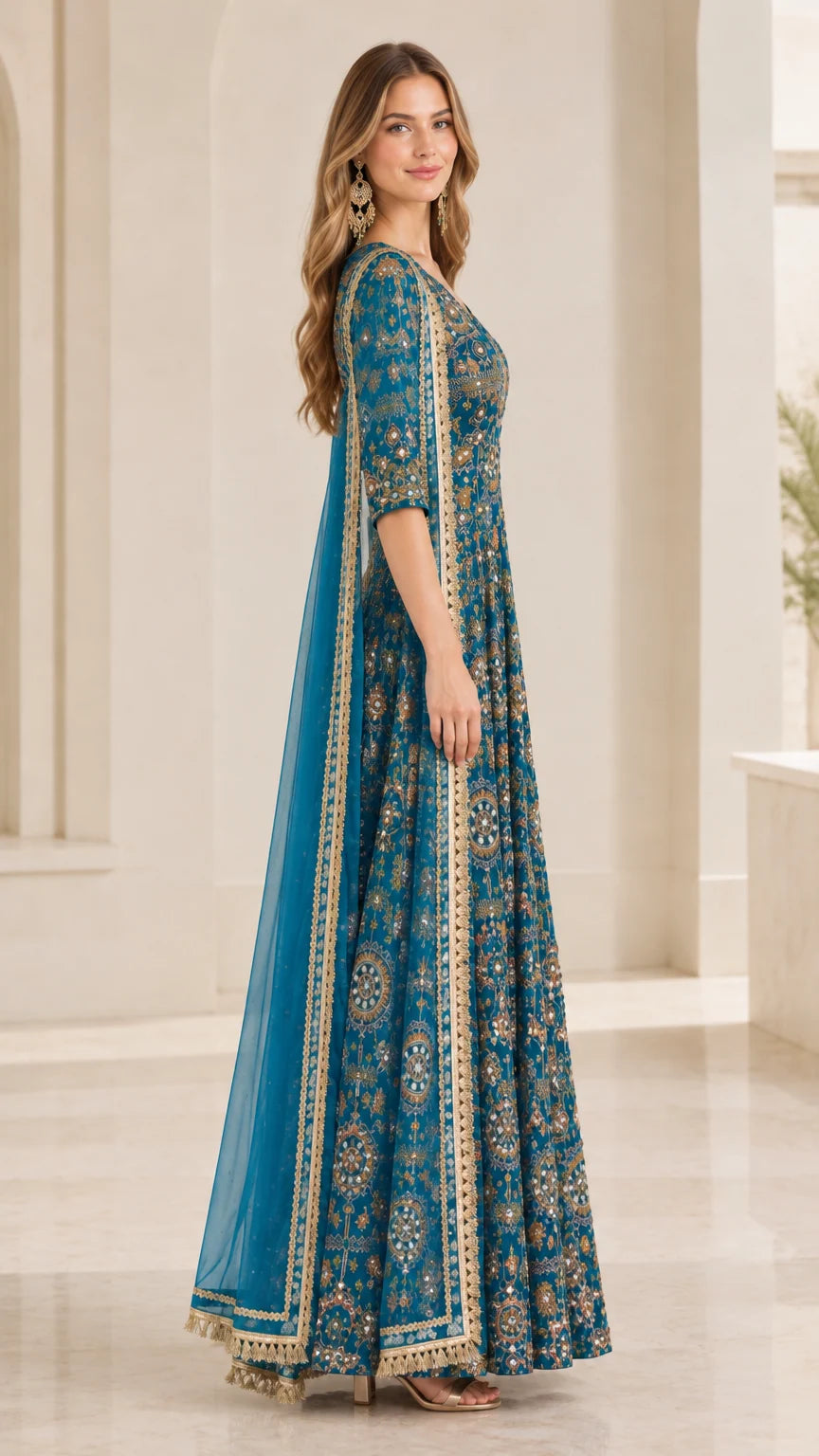 Side view of Teal Blue embroidered Anarkali dress showing drape and sleeve detailing