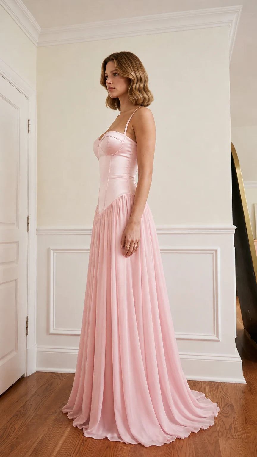 Side profile of pink satin corset maxi dress
