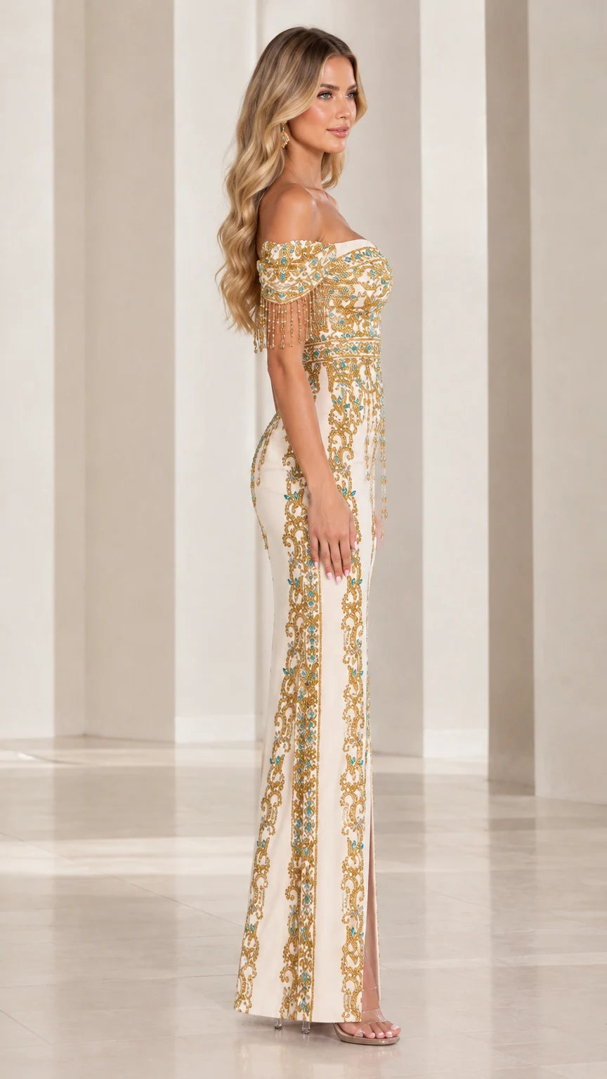 Ivory beaded column maxi dress with side slit and sweetheart neckline, side view