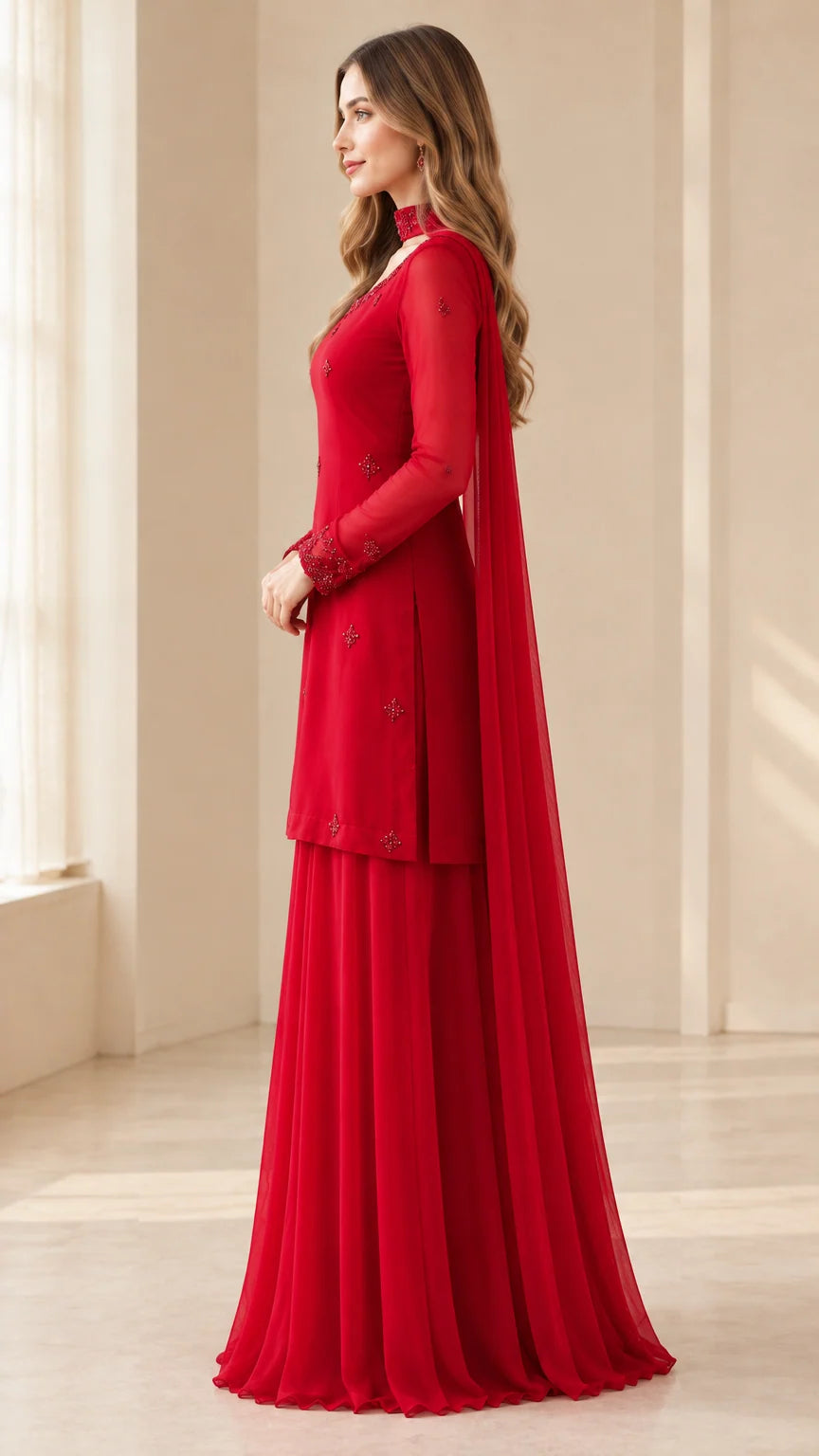 Side profile of woman wearing red georgette kurti and wide-leg sharara pants