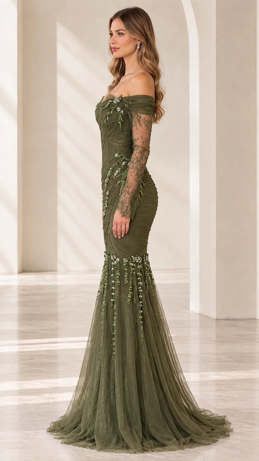 Side angle of model in long sleeve olive green trumpet evening dress