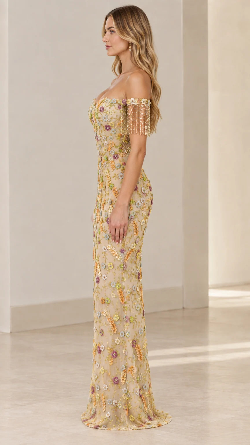 Champagne floral sequin embroidered evening gown side view