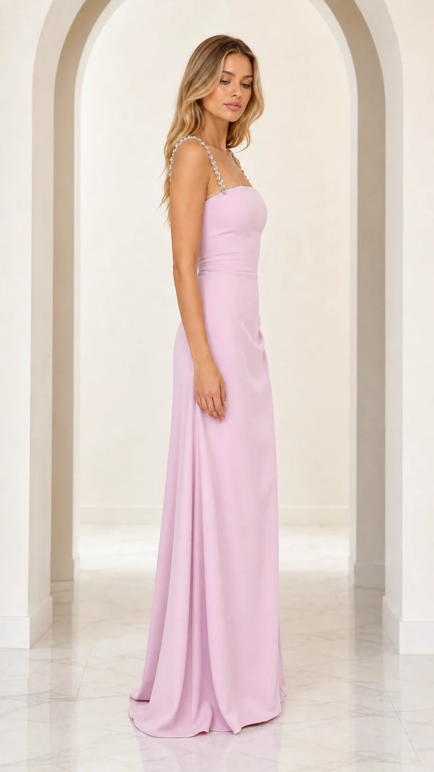 Side profile of lavender formal maxi dress showing subtle drape and fit