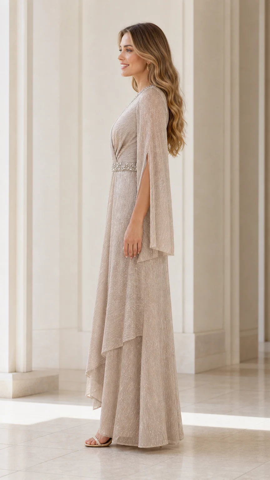 Side view of champagne evening dress with split sleeves