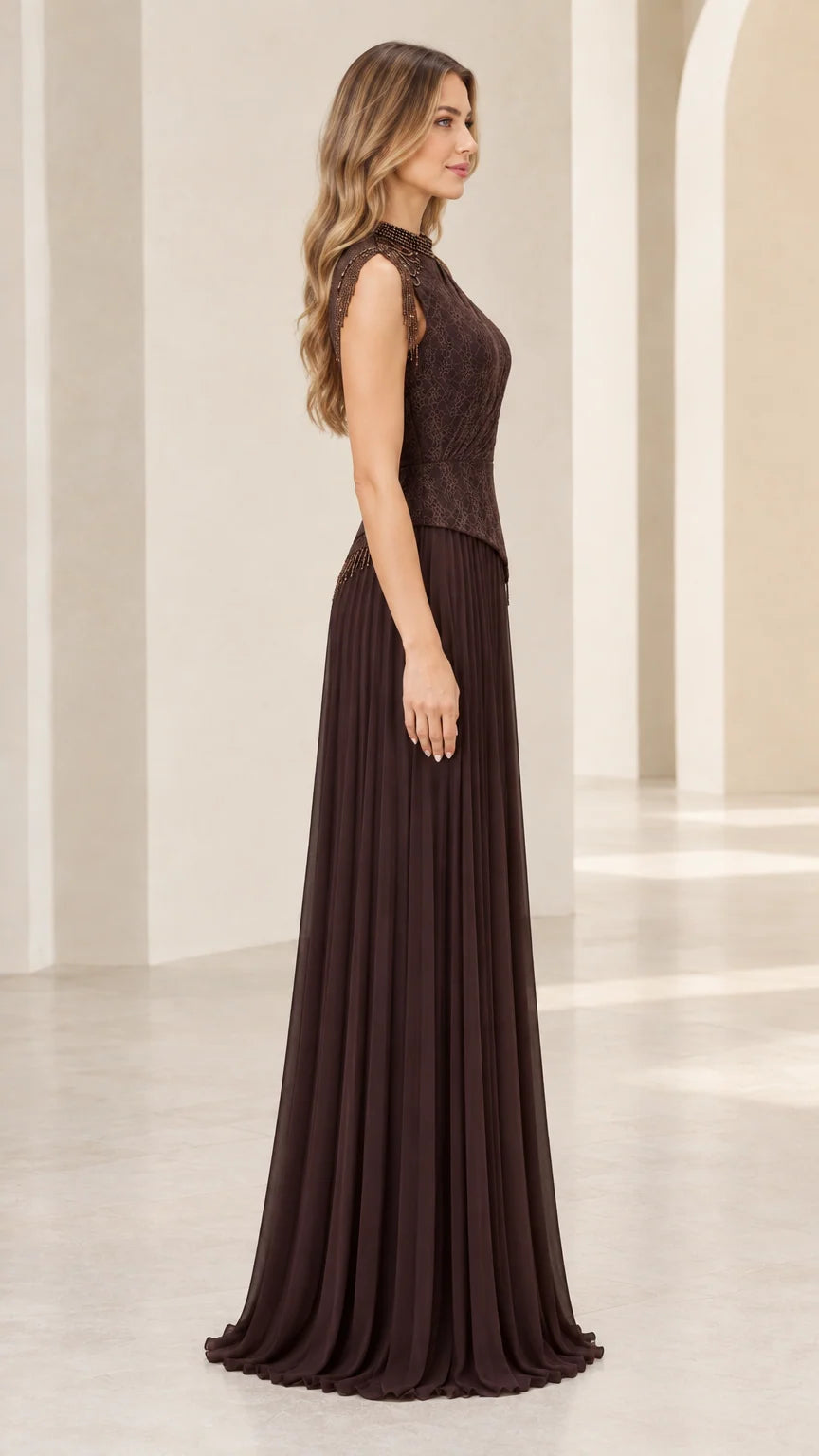 Side profile view of model wearing chocolate brown floor-length formal dress