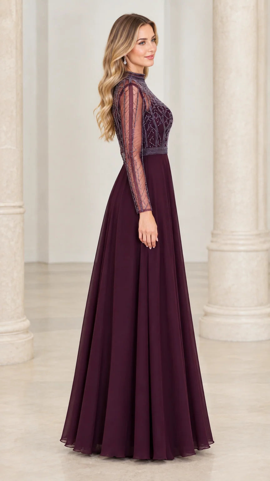 Side profile view of plum A-line beaded chiffon formal gown