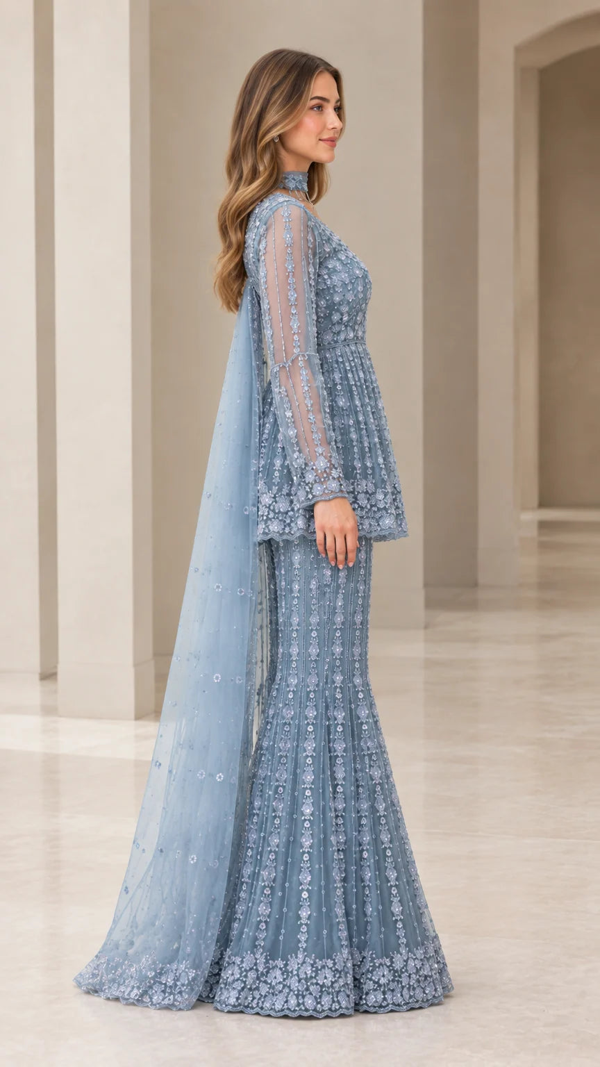 Dusty Blue embellished pant suit with cape side profile