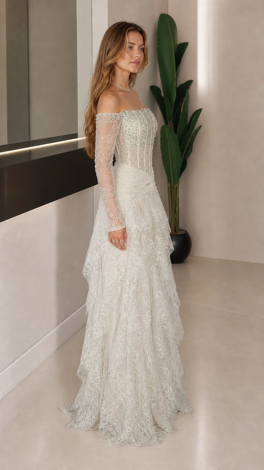 Side profile of white lace formal dress