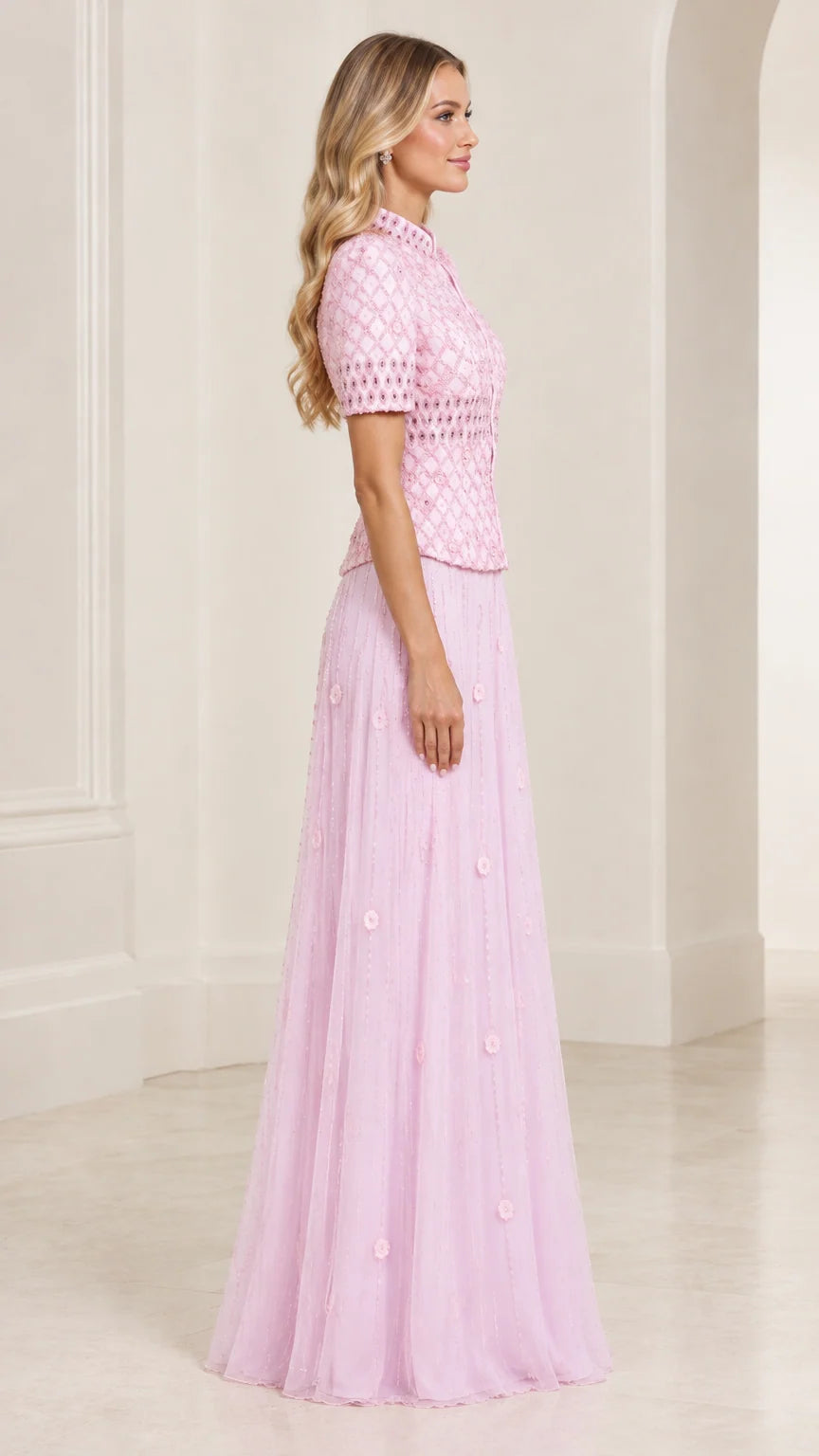 Side profile view of Light Pink short sleeve formal maxi dress
