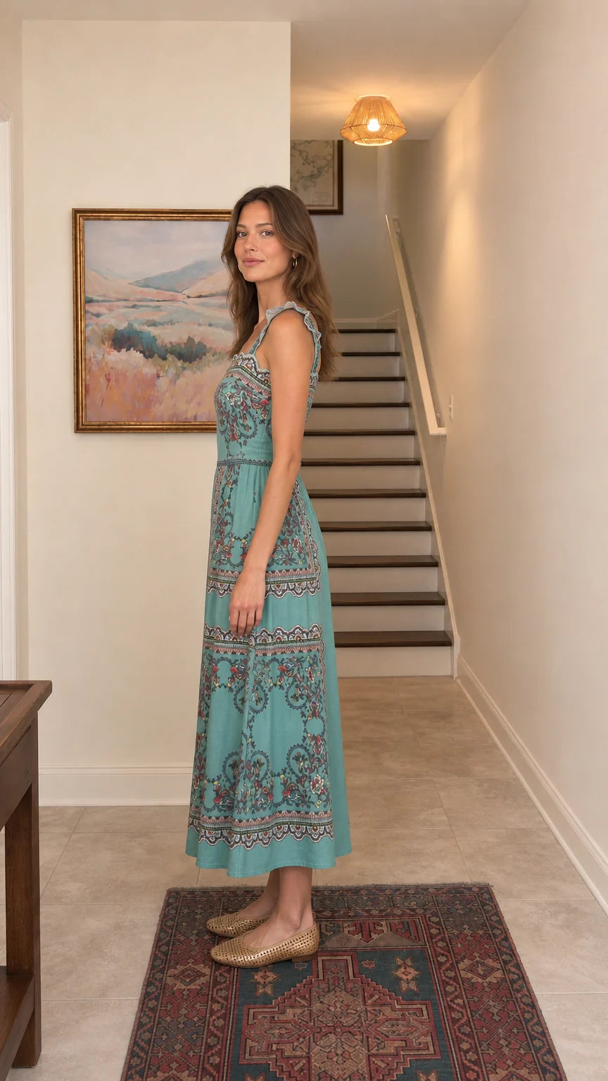 Side view of teal midi dress