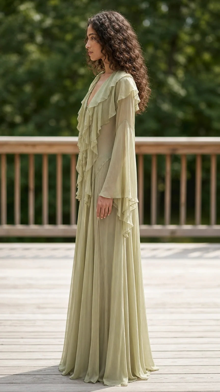 Side profile of model in sage green ruffle maxi dress