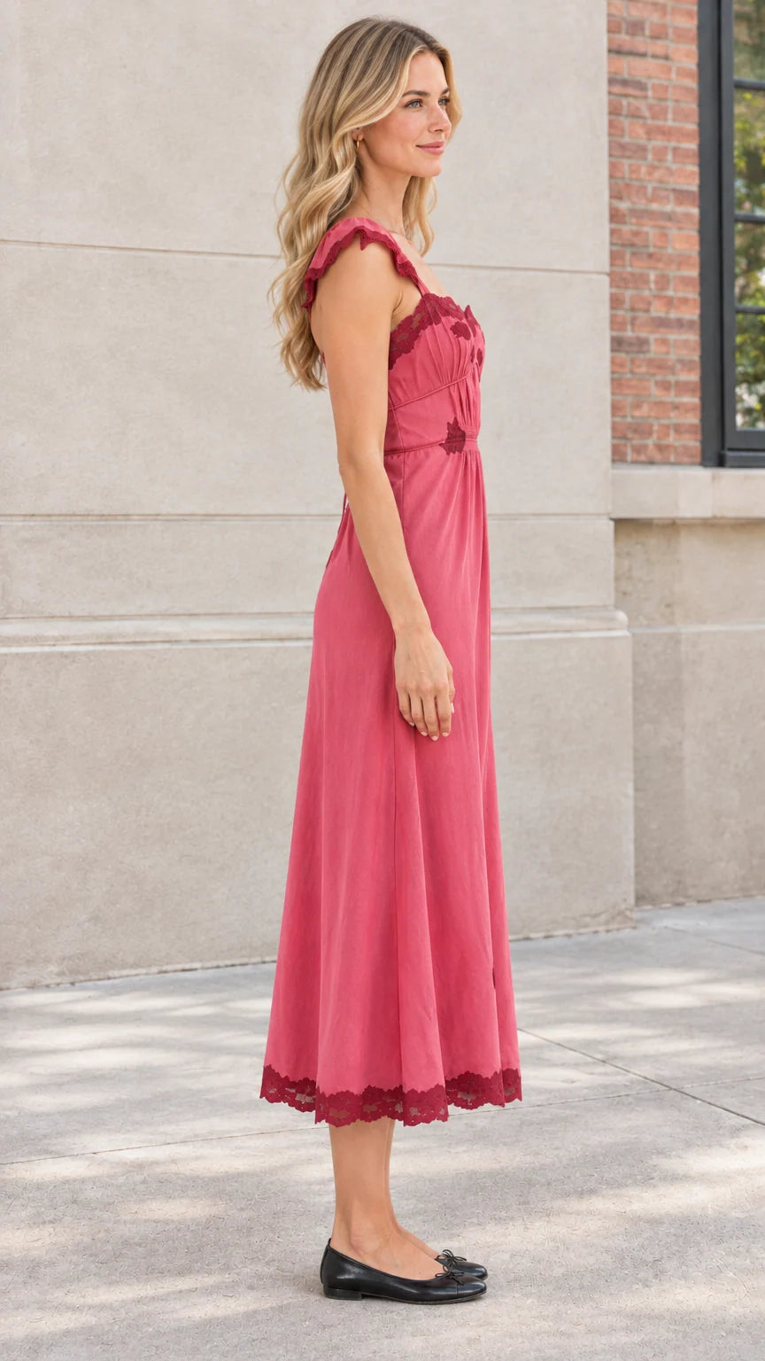 Side profile of model wearing Rose Pink ruffle strap midi dress