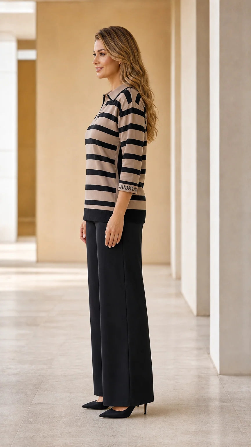 Side profile view of woman wearing Camel striped 3/4 sleeve knit polo top