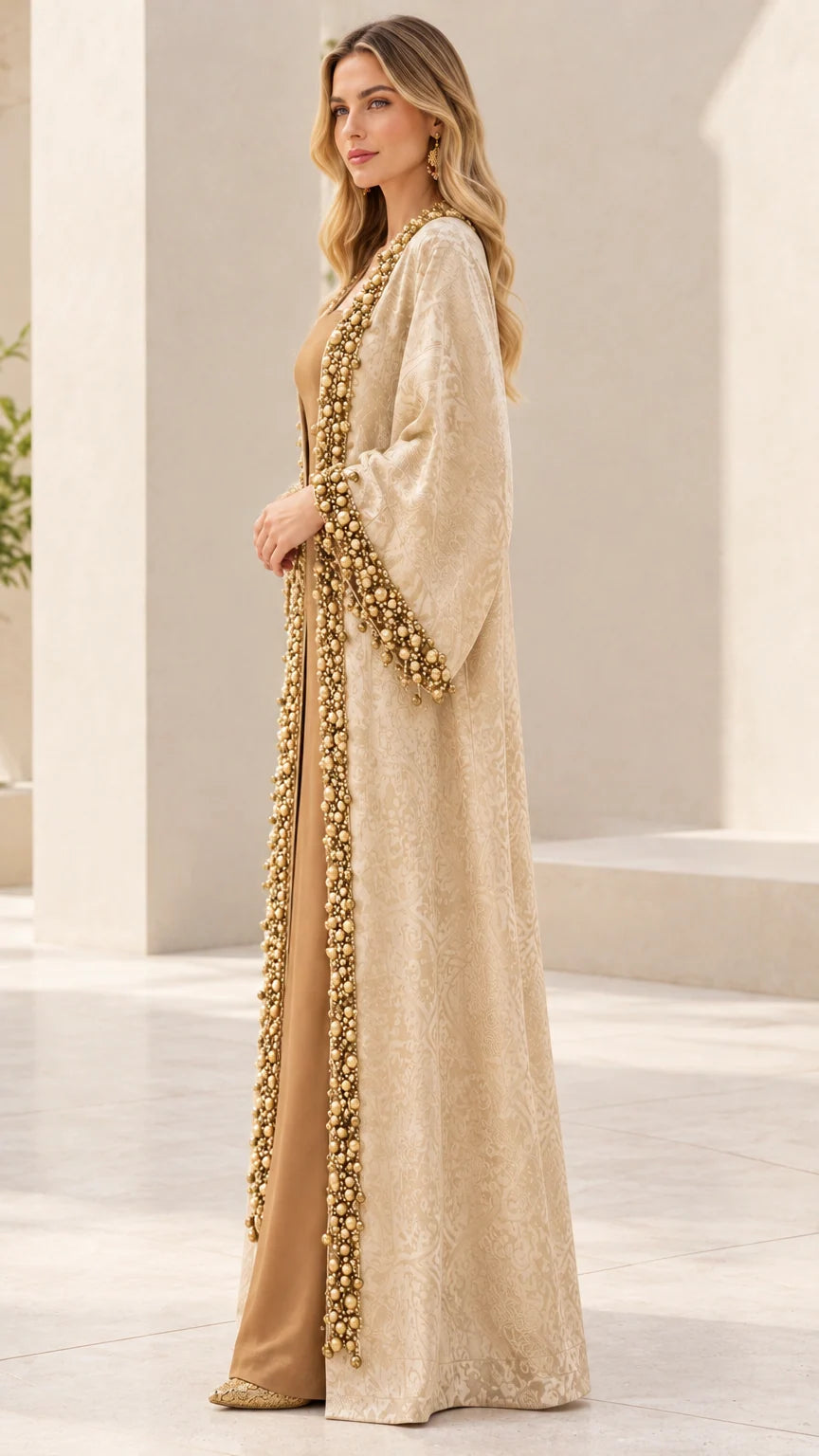 Side profile of woman in elegant Champagne open-front jacquard maxi robe