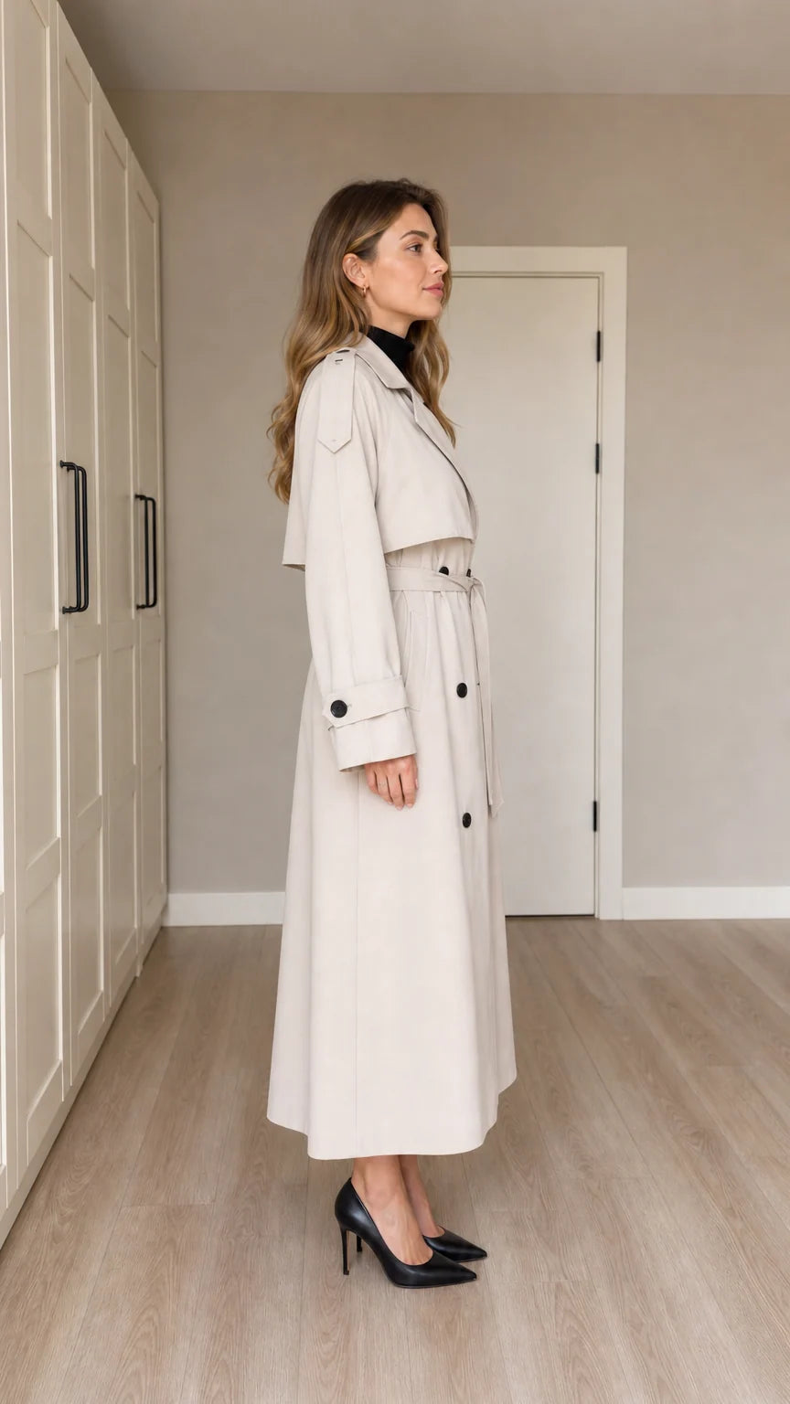 Side full-length view of woman wearing Cream double-breasted maxi trench coat