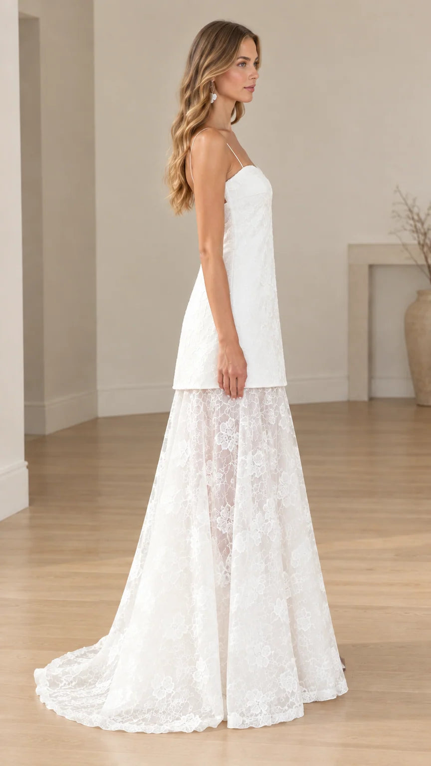 Side profile of white floral lace drop-waist evening dress with train