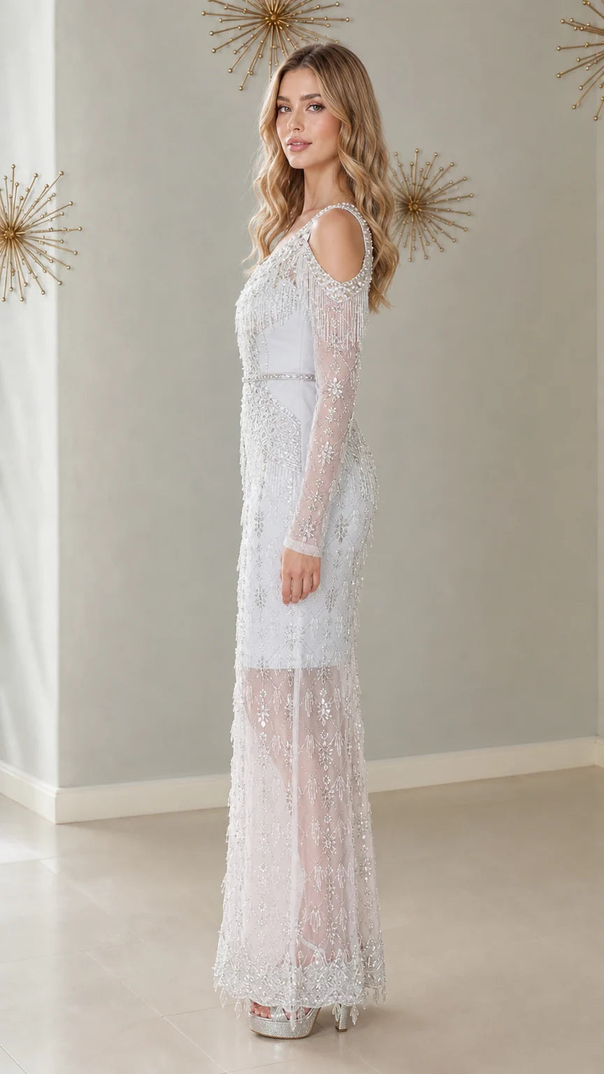 Side profile of Ice Blue sequined cold shoulder formal gown