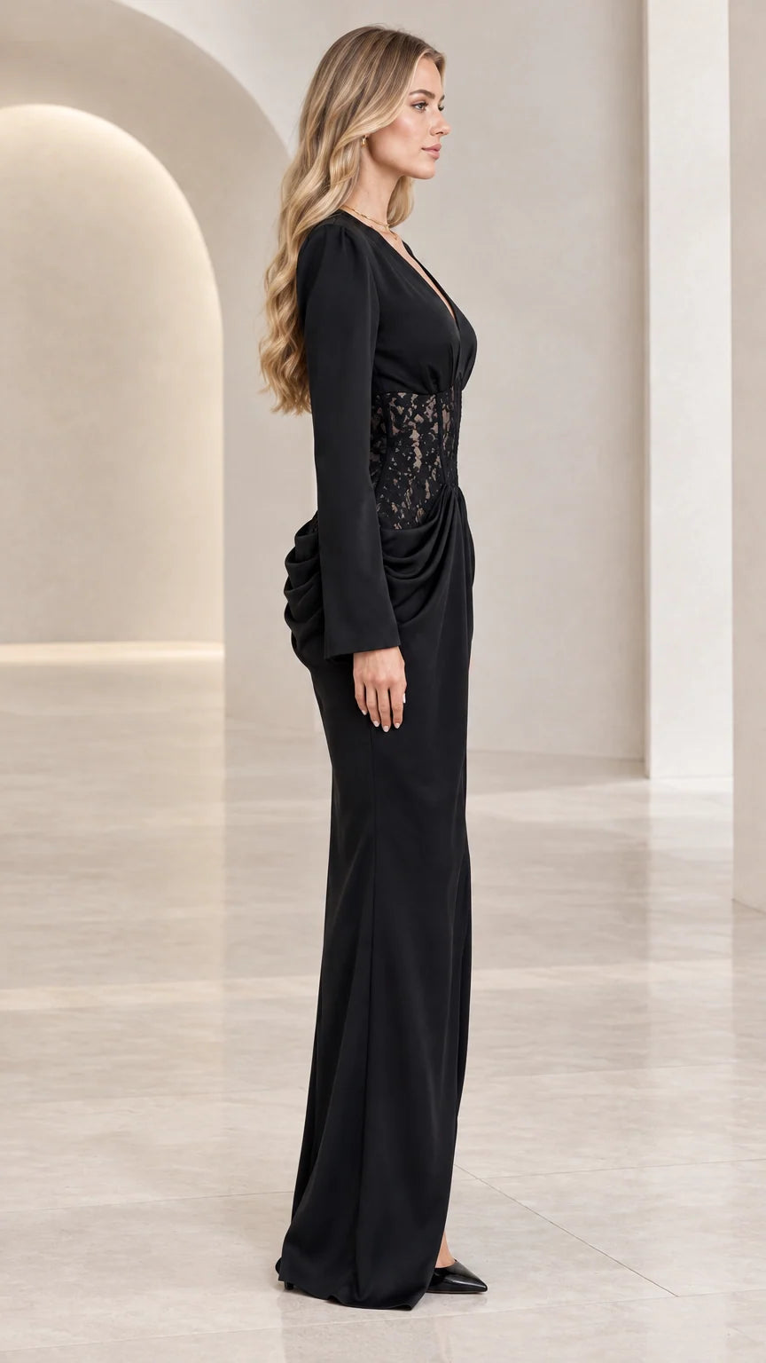 Black lace corset formal maxi dress - side profile view