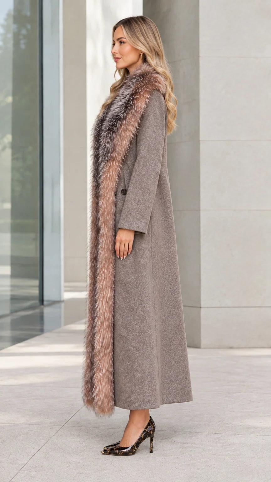 Side profile view of taupe longline winter overcoat with faux fur trim