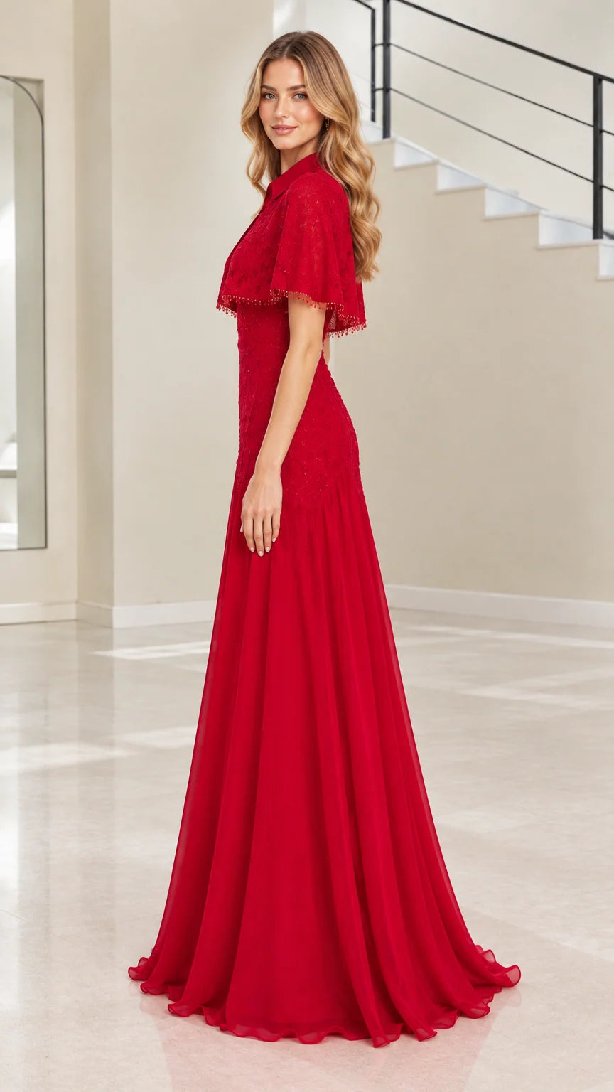 Side view of red chiffon maxi dress with collared lace cape overlay