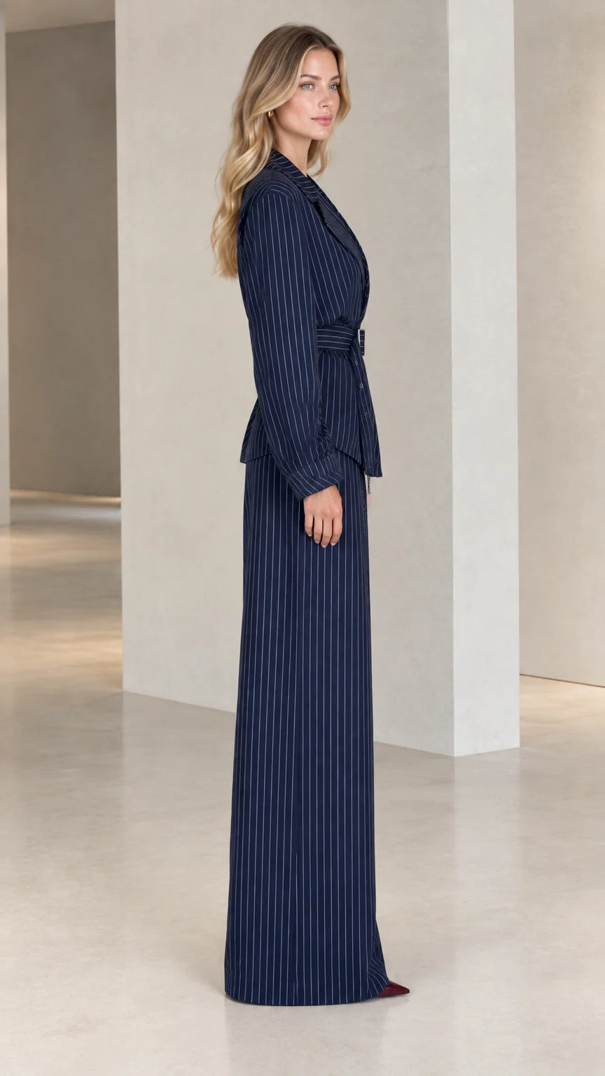Side profile view of model in Navy Blue pinstripe two-piece tailored suit set