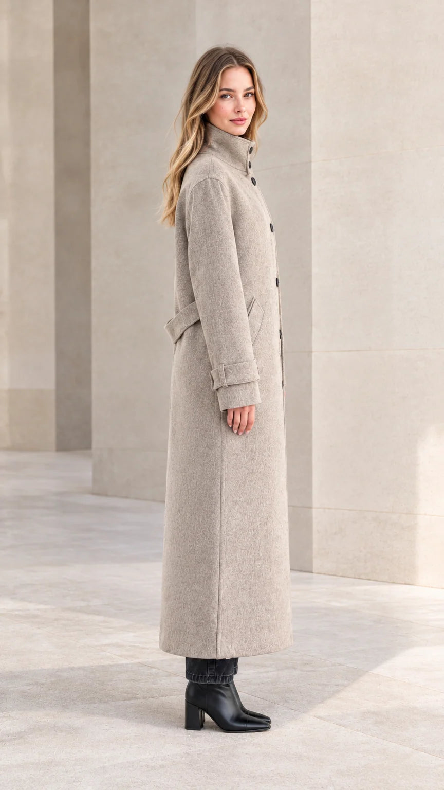 Side profile of woman in heather grey long overcoat showing sleek tailored fit