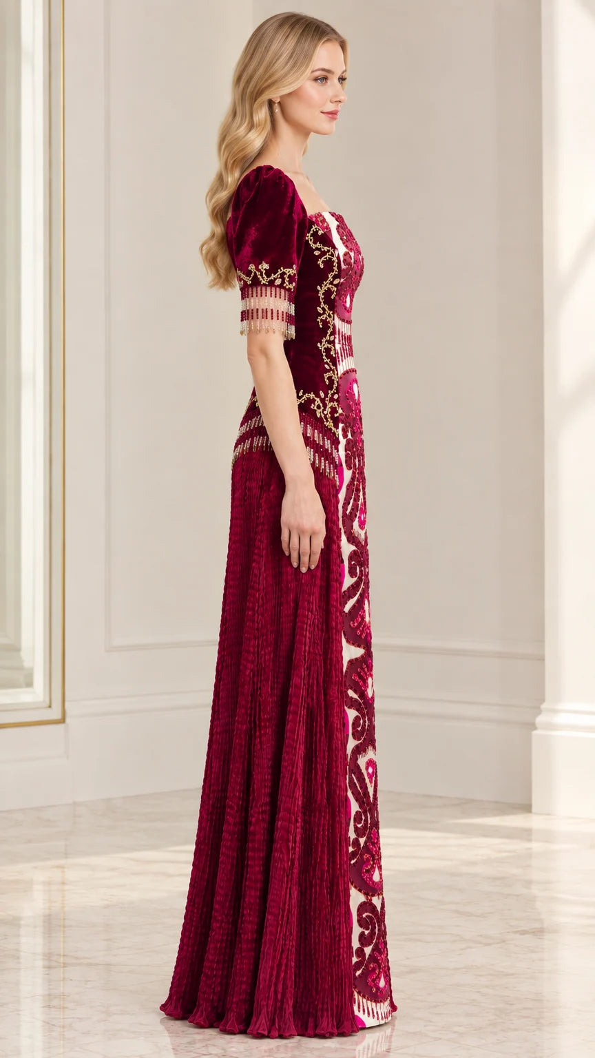 Side profile of Burgundy velvet formal maxi dress with detailed embroidery