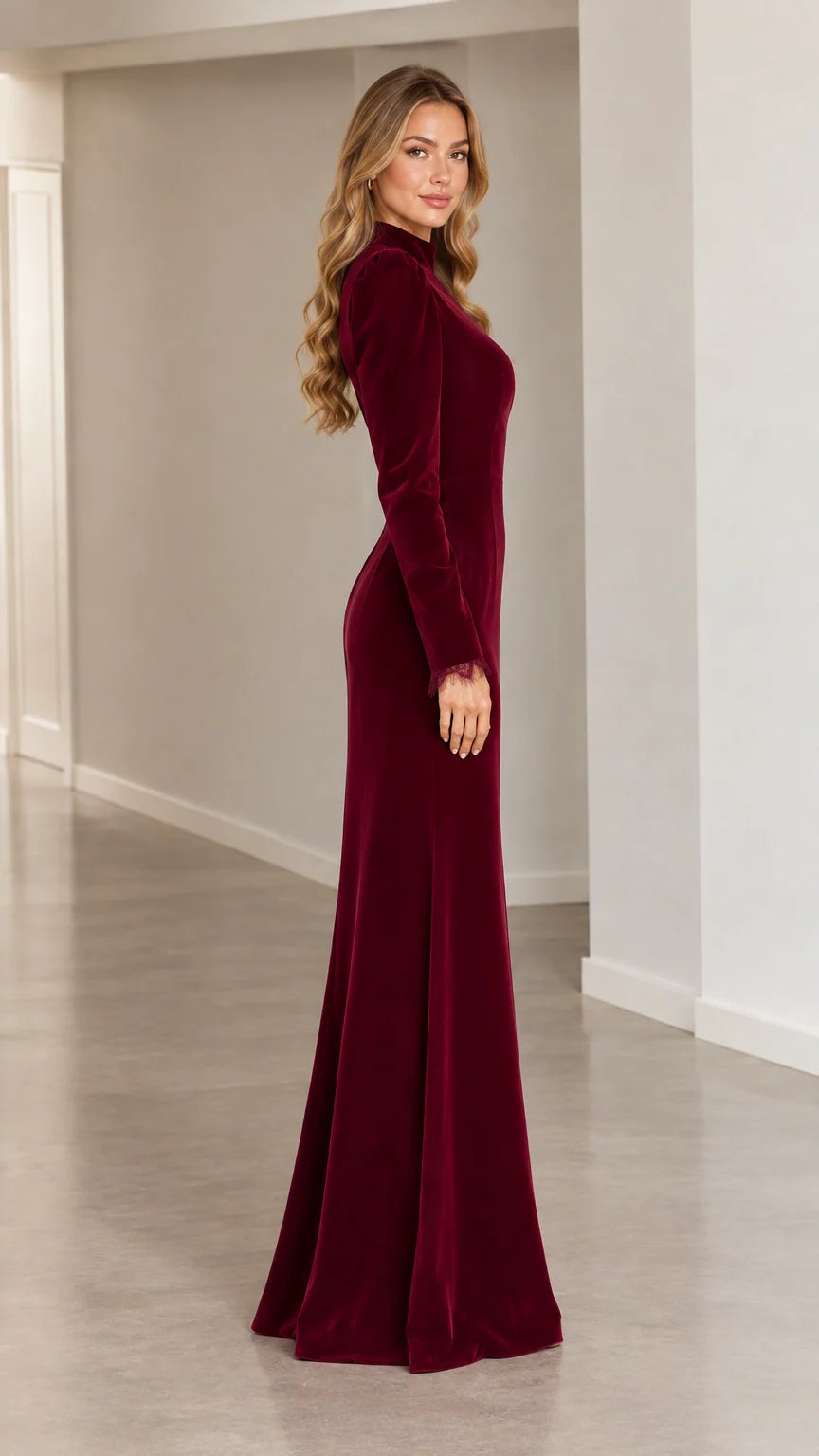 Side profile of elegant burgundy velvet maxi dress