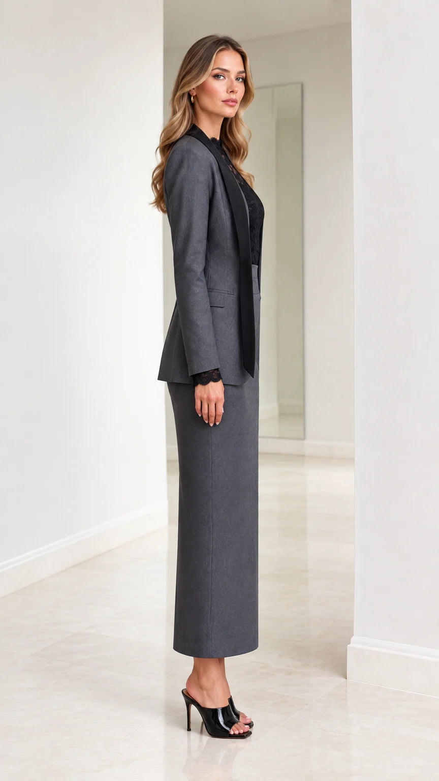 Side profile view of woman modeling charcoal grey tailored skirt suit with lace accents