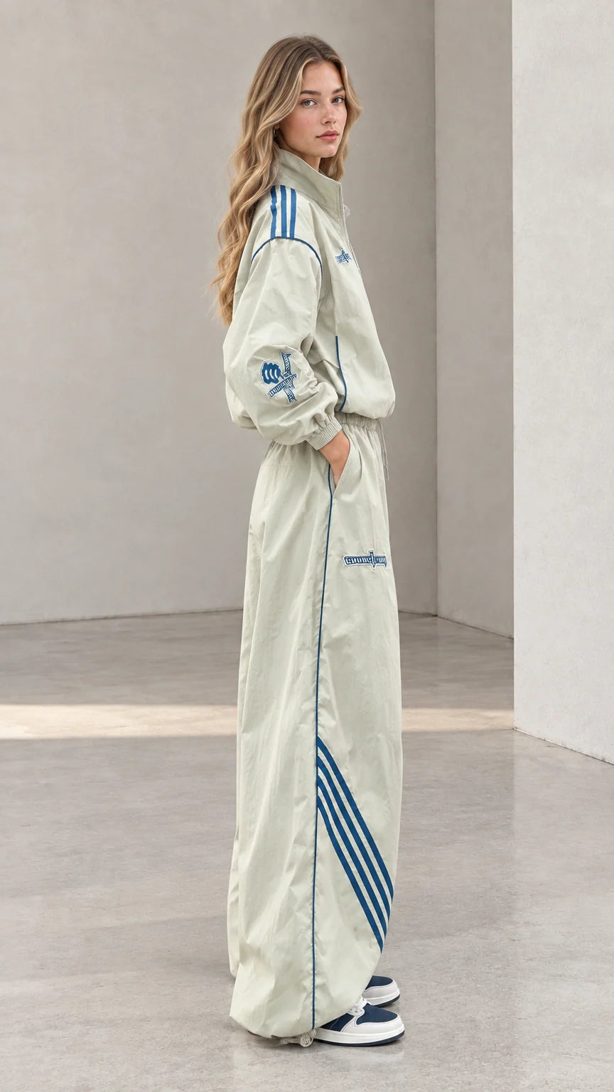 Side view of woman posing in sage green wide-leg tracksuit with blue side stripes