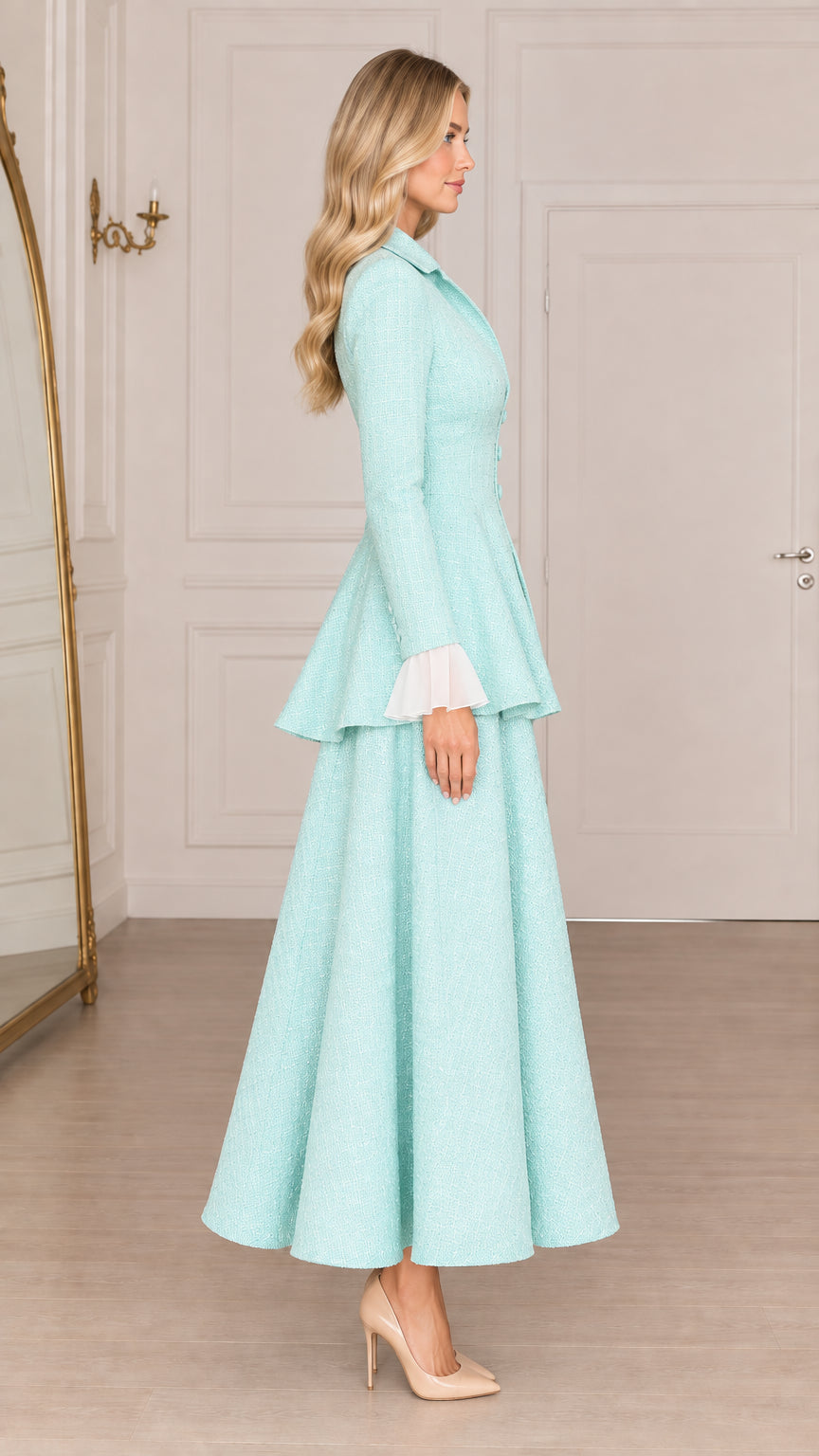 Mint green long sleeve peplum maxi dress side profile view