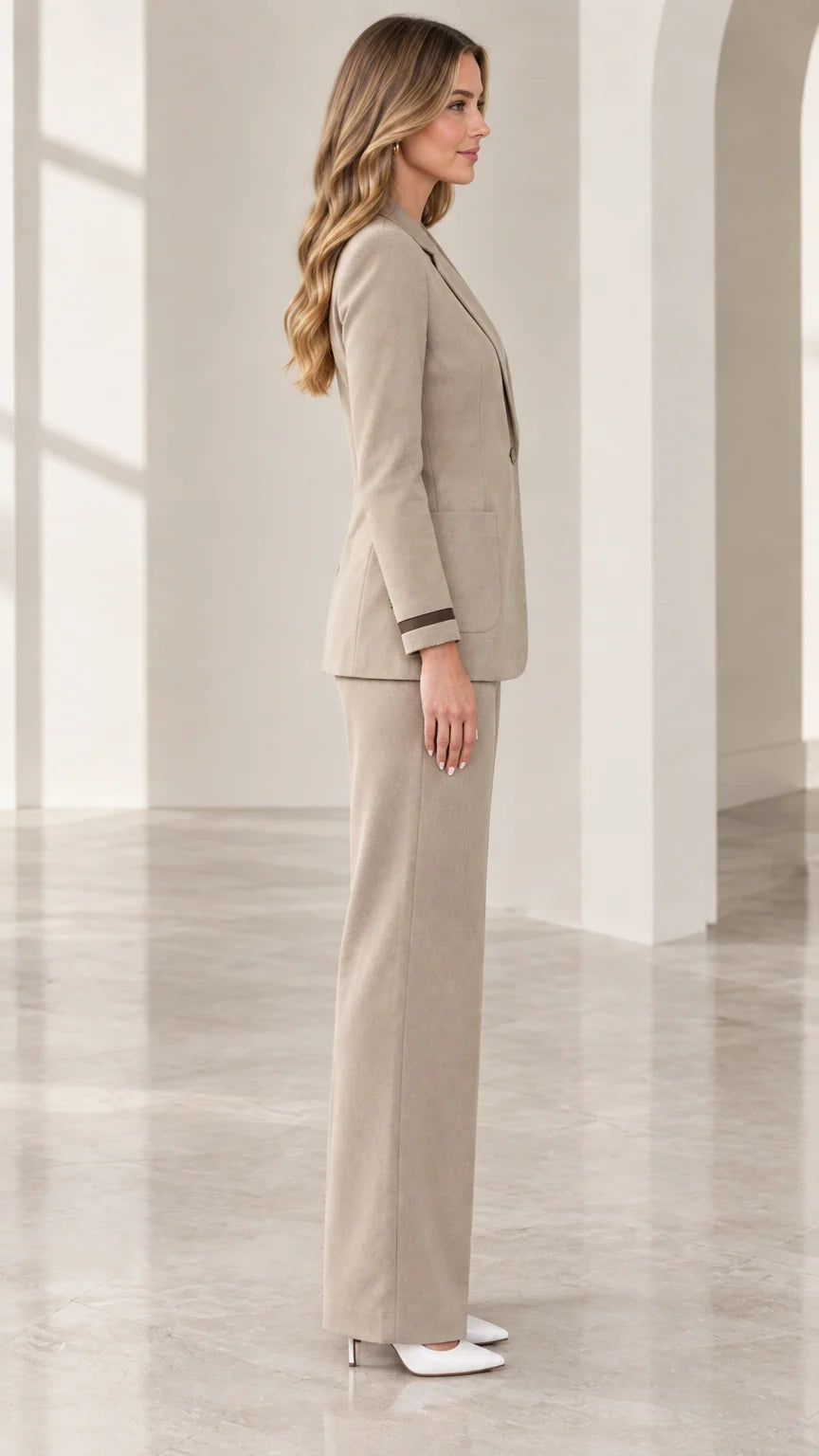 Side profile view of taupe two-piece suit set showing streamlined fit