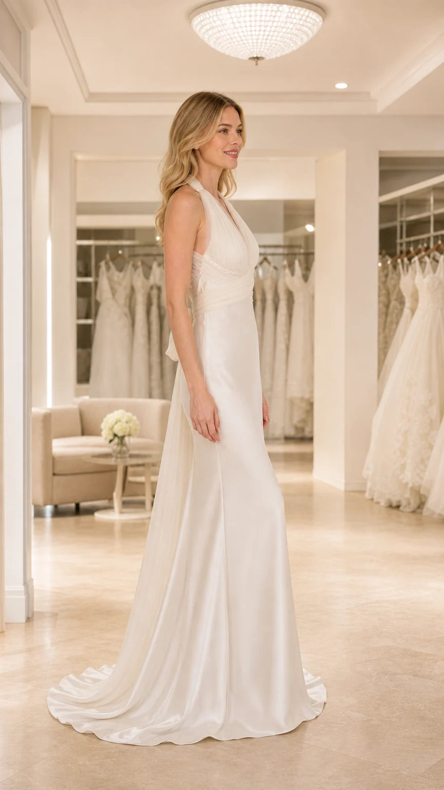Side profile of Ivory satin halter formal dress