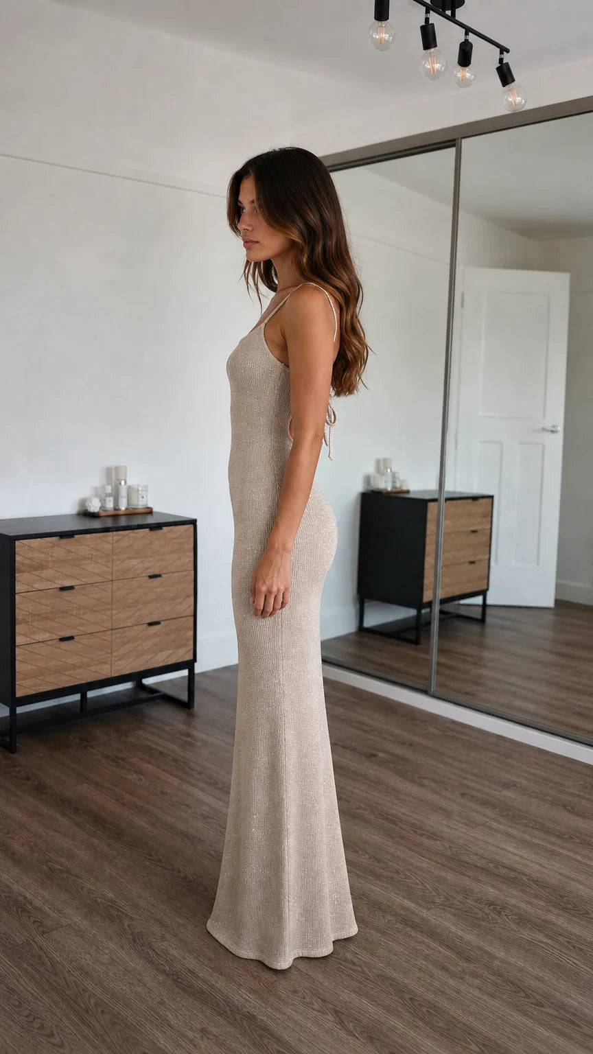 Side profile view of champagne sparkle knit slip dress