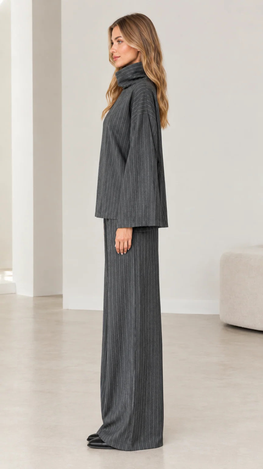 Side profile of woman wearing Charcoal Grey pinstripe matching loungewear set