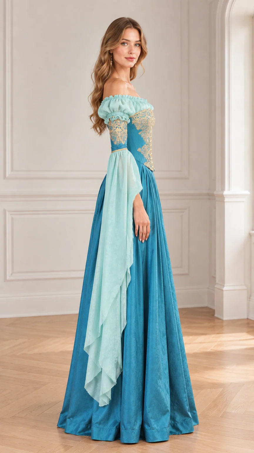 Side profile view of woman modeling blue medieval gown with flowing chiffon sleeves