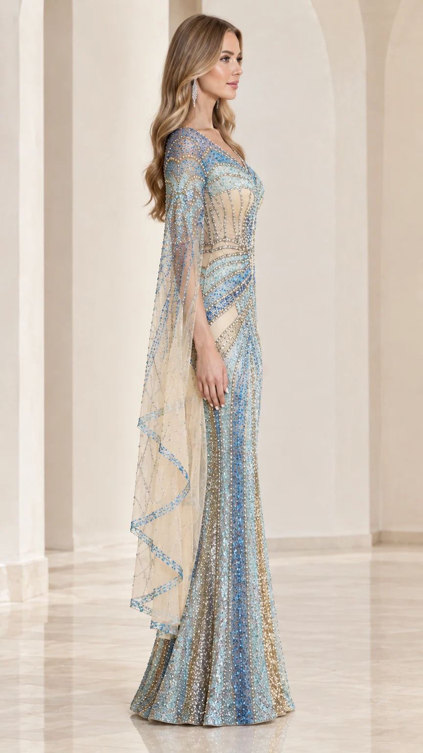 Side profile of Sky Blue beaded formal gown showing sheer flowing cape sleeve