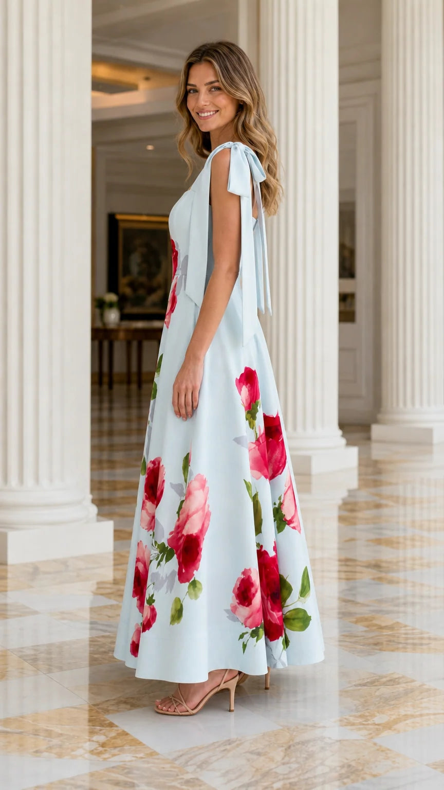 Side profile view of light blue floral maxi dress