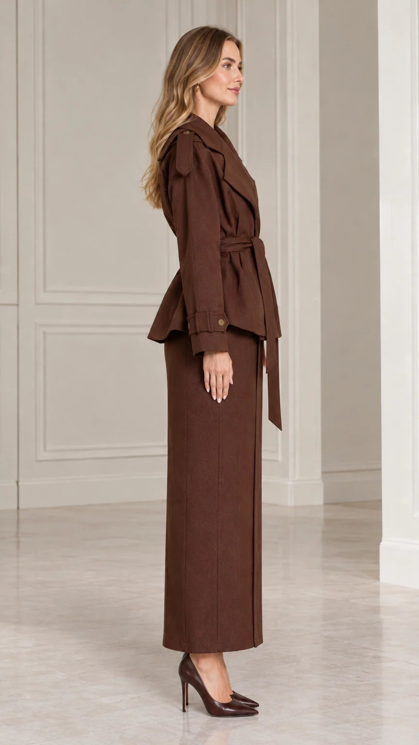 Side view of chocolate brown two-piece peplum jacket and maxi skirt outfit