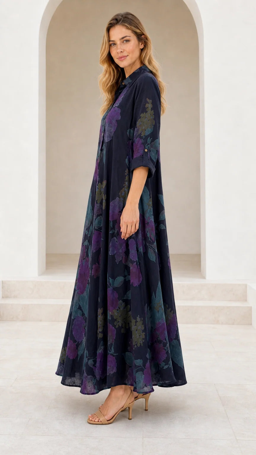 Side profile view of Navy Blue floral A-line maxi dress