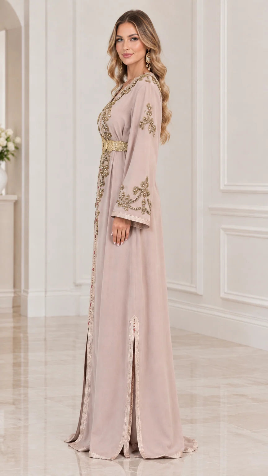 Side profile view of Dusty Pink embroidered kaftan showing side slit and bell sleeve