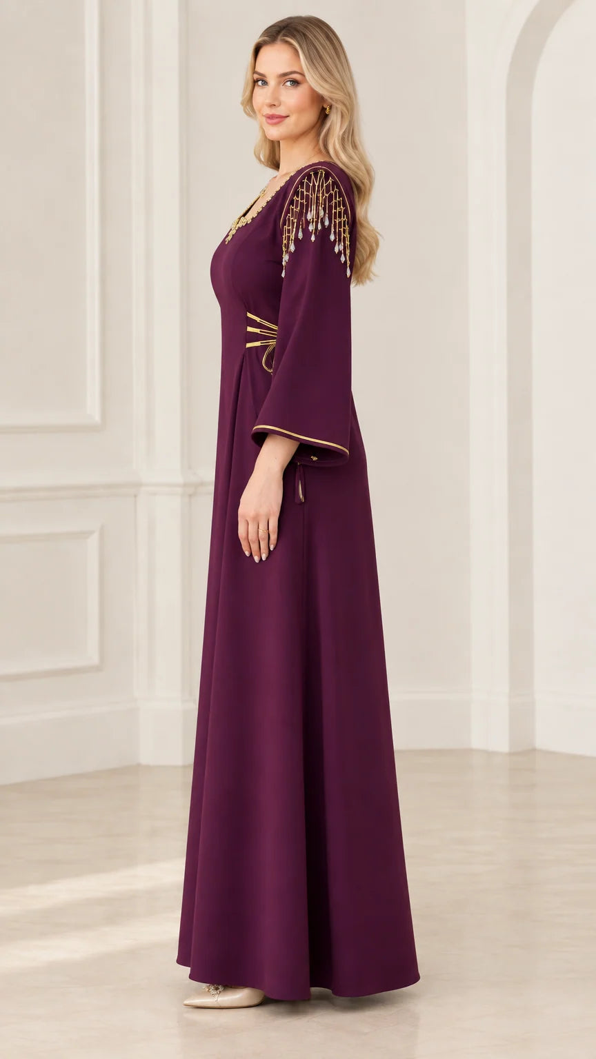 Side profile of deep purple formal maxi gown showcasing sleeve and waist details
