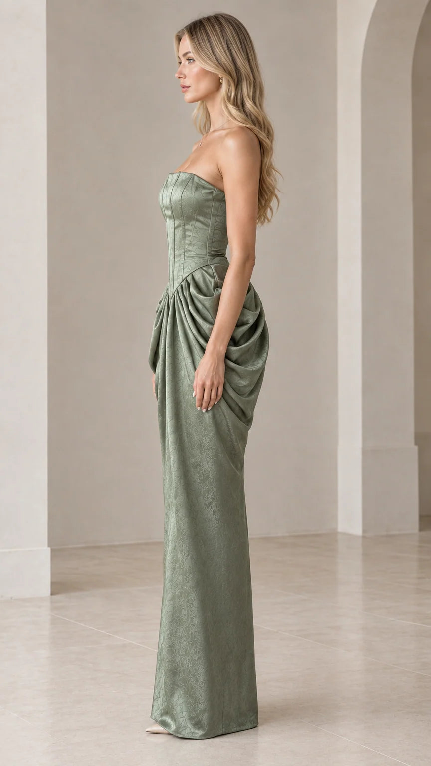 Side profile of Sage Green strapless boned corset evening dress with draped hip pleats