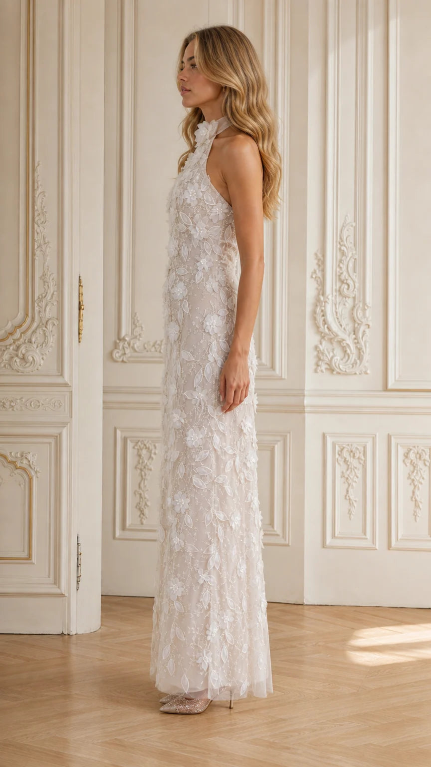 Ivory halter neck formal evening gown side angle view