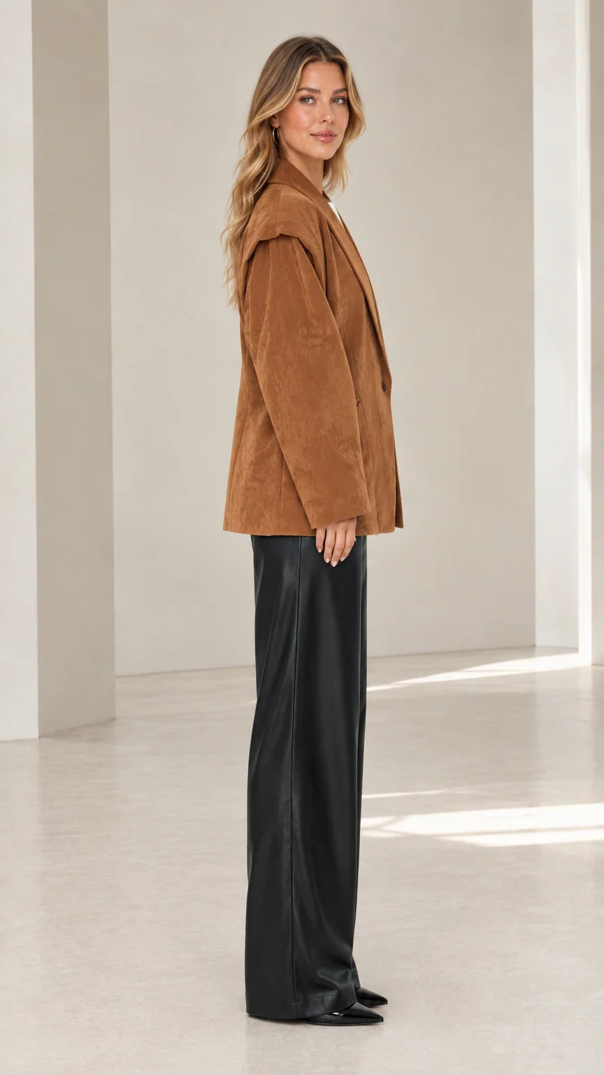 Side profile of camel oversized faux suede blazer showing length and shoulder flap detail
