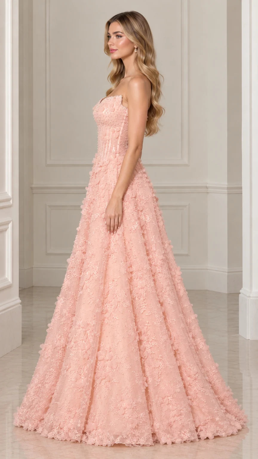 Side profile of model in Blush Pink 3D floral A-line formal ball gown