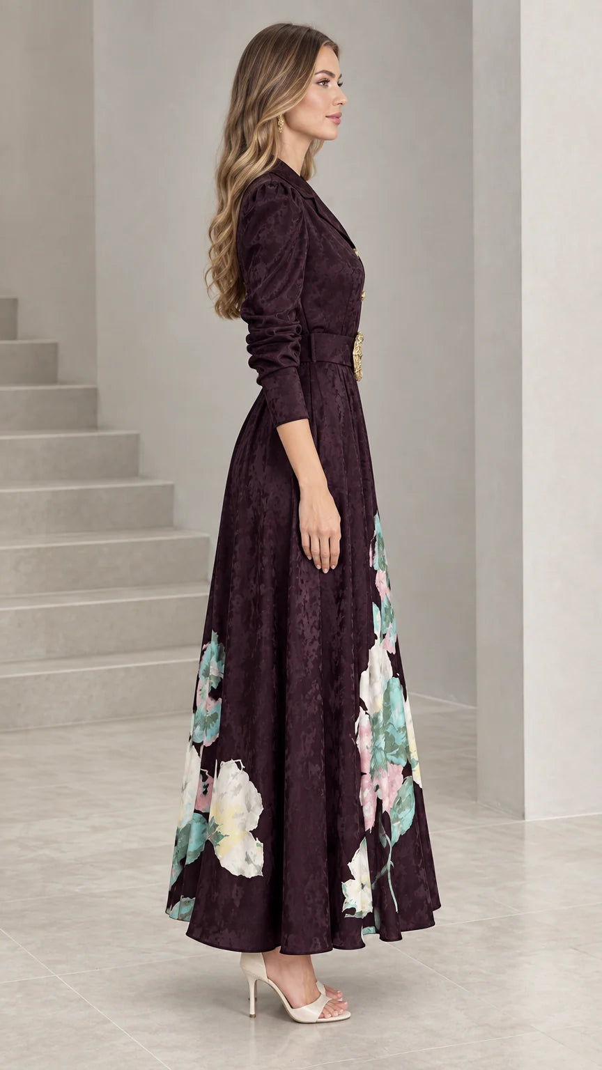 Side angle view of Deep Plum floral jacquard maxi dress highlighting structured fit and silhouette