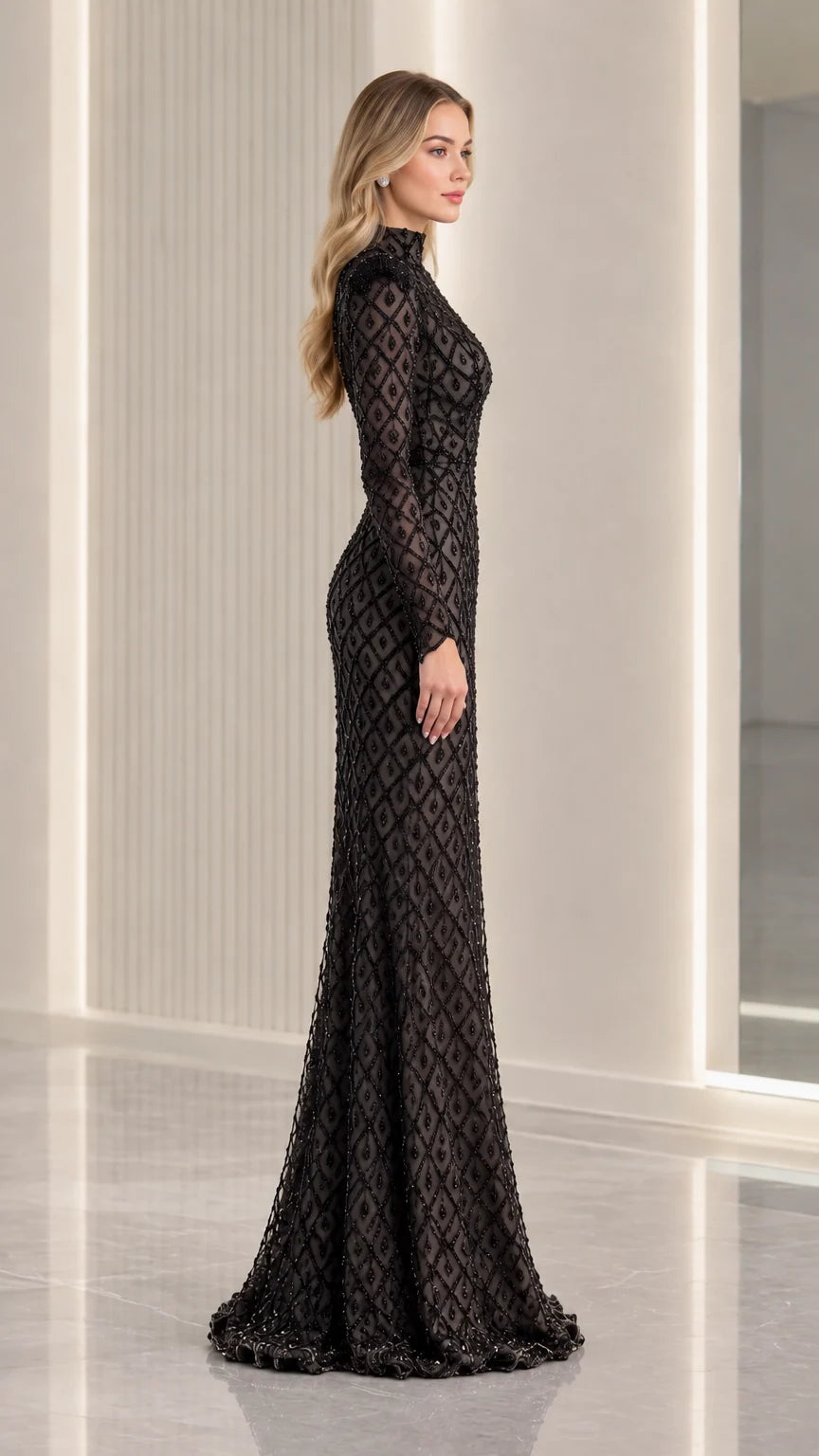 Side profile view of black beaded mermaid formal dress